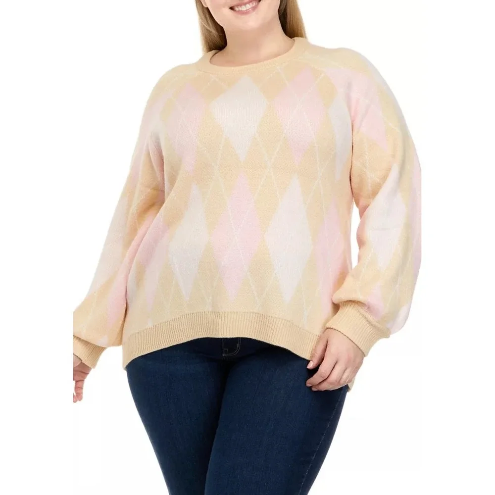 NWT Crown & Ivy Argyle Jacquard Crew Neck Sweater‎ Size 2X Coquette Preppy Comfy